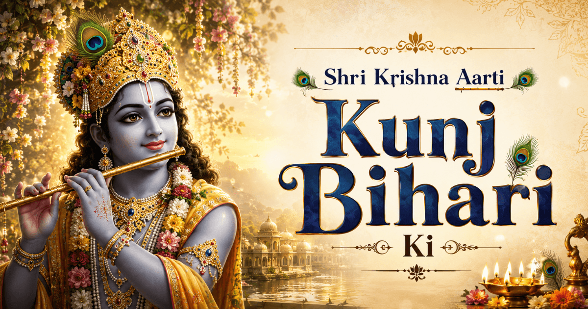 आरती कुंजबिहारी की का दिव्य चित्र, श्रीकृष्ण वृंदावन में मुरली और मुकुट के साथ