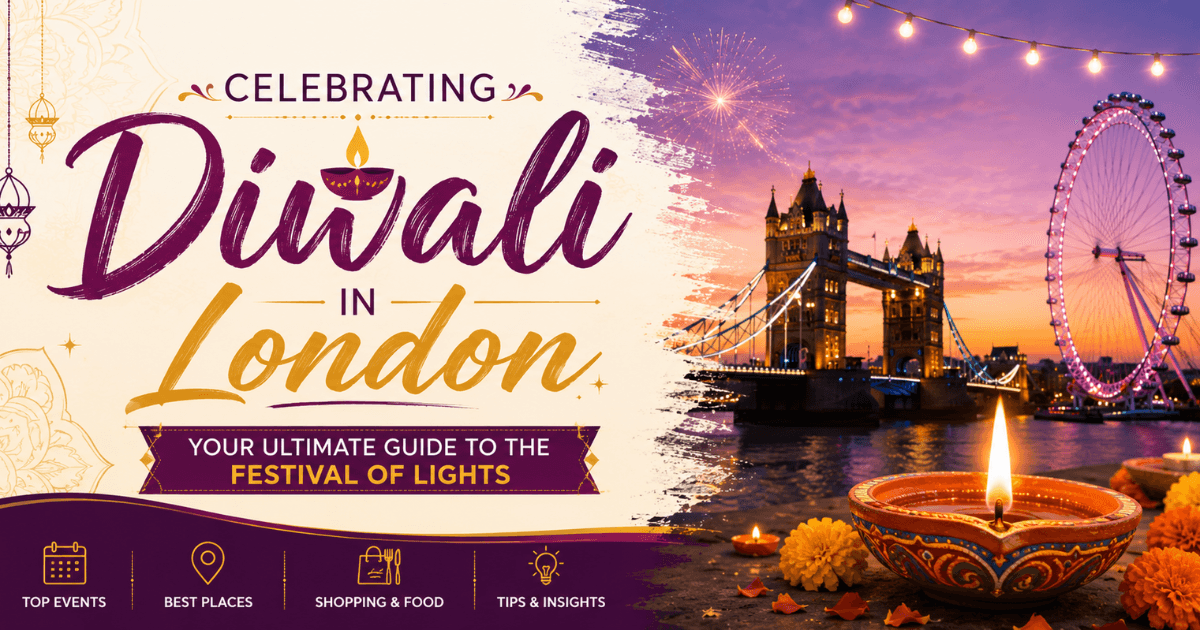 Diwali in London celebration with diyas, Trafalgar Square, festive lights, and Indian cultural performances