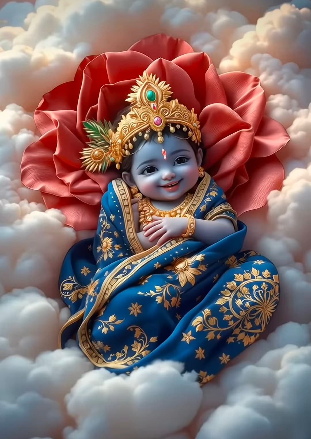 Baby Krishna smiling while resting on clouds with a red flower.