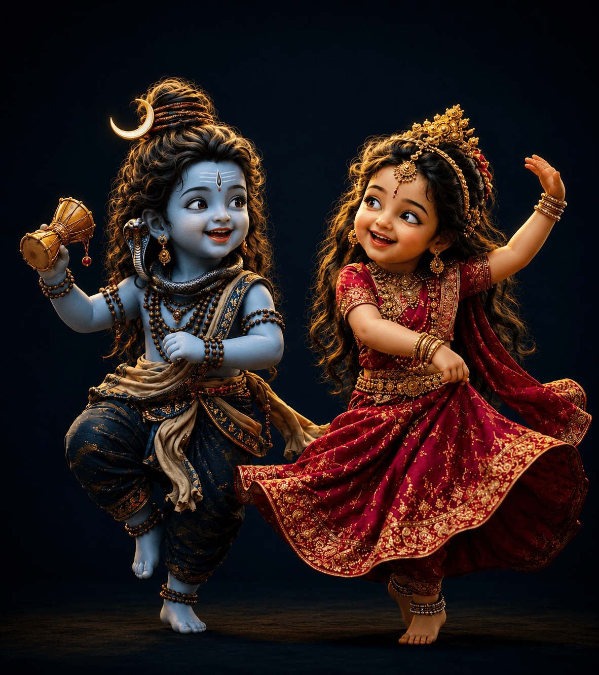 Cute 4K Baby Lord Shiva playing the damru while Baby Goddess Parvati dances joyfully, free HD wallpaper and instant download