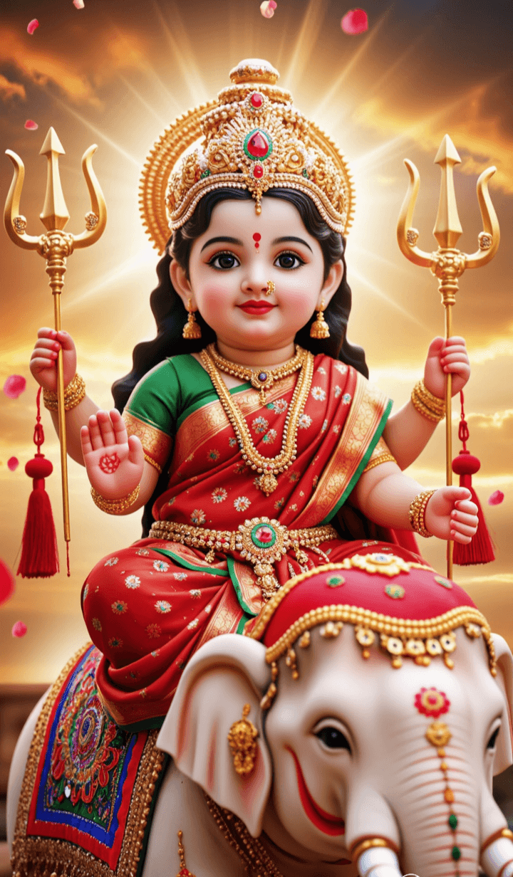 Bal Durga riding a lion with golden light background