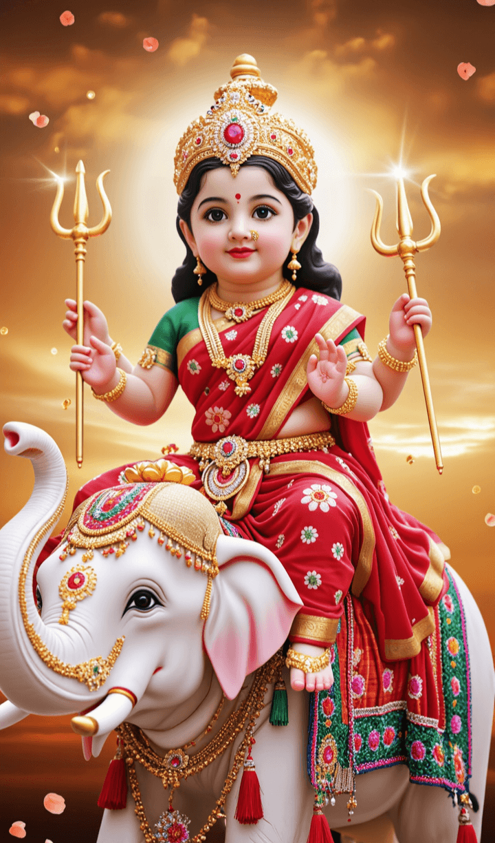 Bal Durga riding a white elephant with golden light background