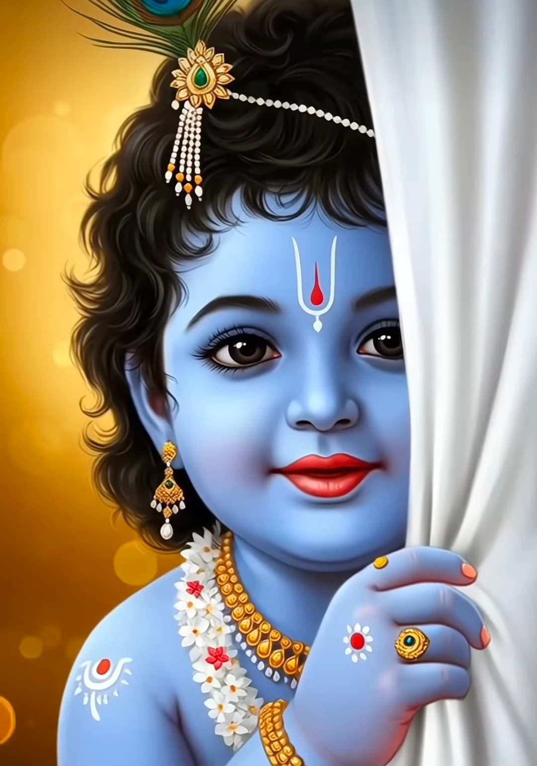 Cute Bal Krishna smiling with ornaments and peacock feather.