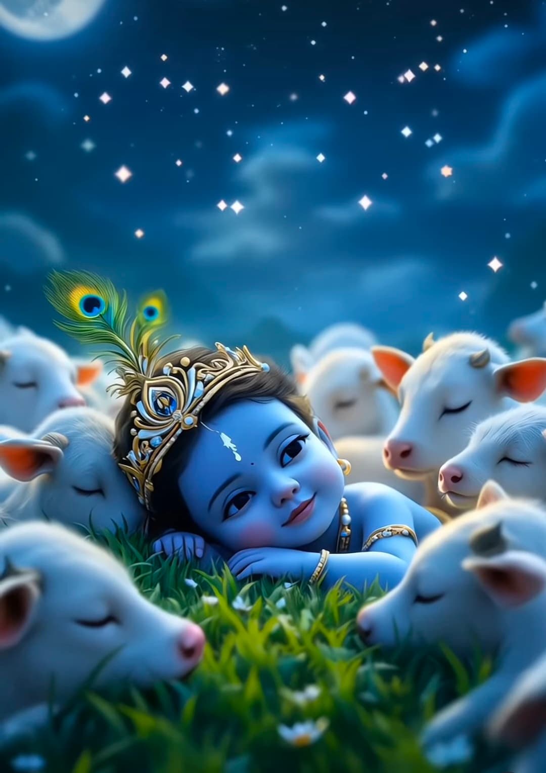 Bal Krishna resting with calves under moonlight and stars.