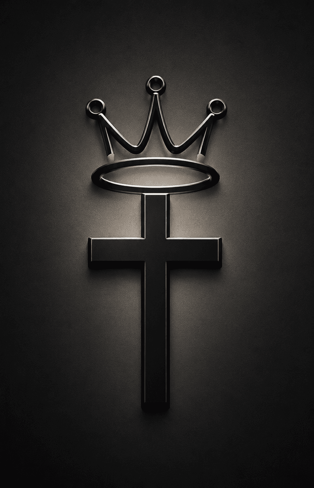 High-resolution 4K image of a minimalist black Christian cross with a royal crown on a dark background, symbolizing Christ the King, ideal for Christian wallpapers and devotional designs.