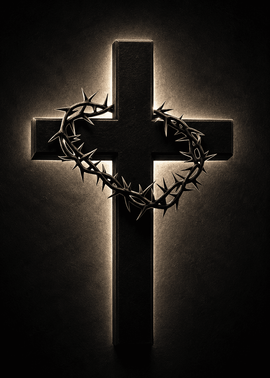 High-resolution 4K image of a black Christian cross with a crown of thorns and glowing backlight, symbolizing the sacrifice of Jesus Christ, ideal for Christian wallpapers and devotional designs.