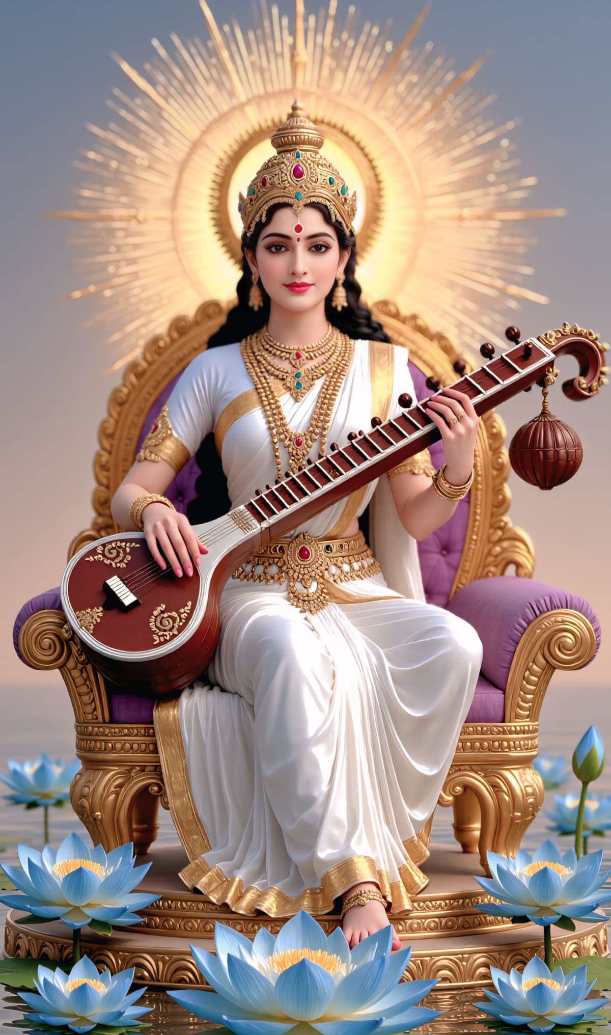 HD wallpaper of Goddess Saraswati with blue aura and floral background, free download