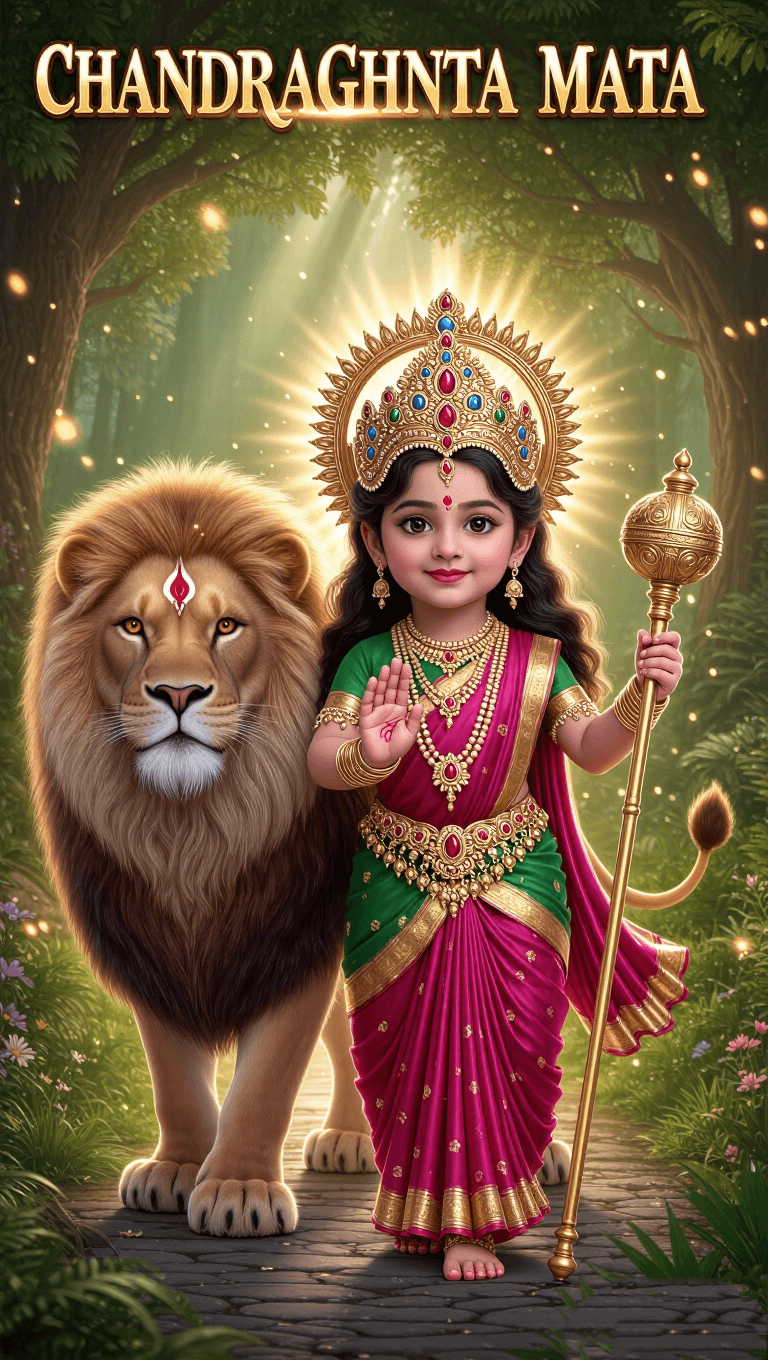 Chandraghanta Mata standing with a lion, holding staff, wearing pink saree.