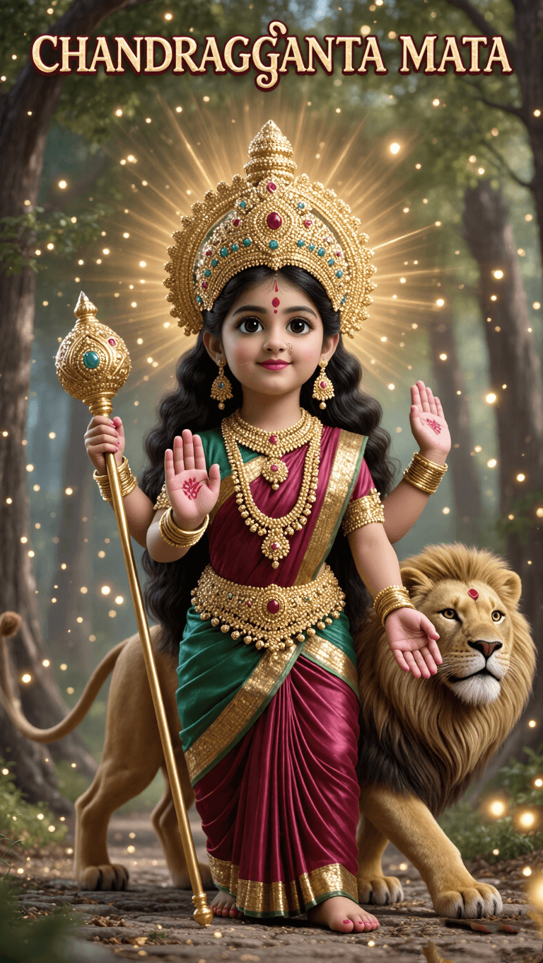 Chandraghanta Mata image with lion and golden crown