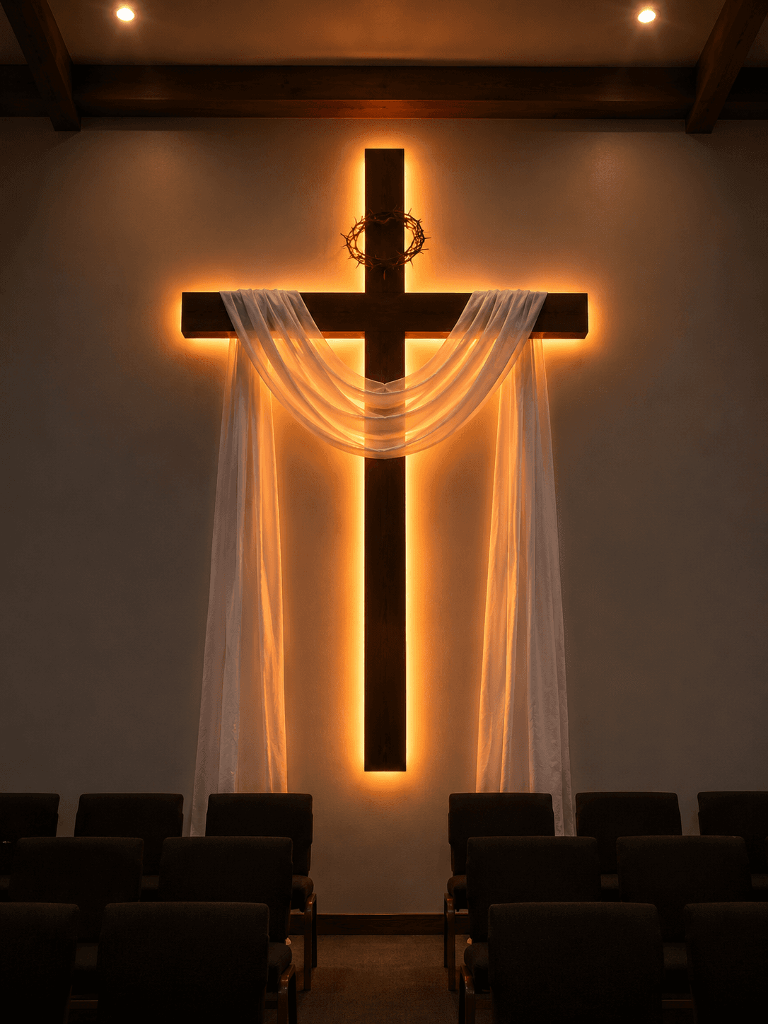 High-resolution 4K image of a glowing wooden church cross draped with a white cloth and crown of thorns, perfect for Easter, Christian wallpapers, and church designs.