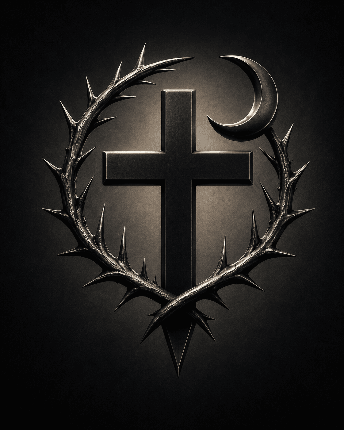 High-resolution 4K artwork of a black Christian cross surrounded by a crown of thorns with a crescent moon on a dark background, ideal for Christian wallpapers and devotional artwork.