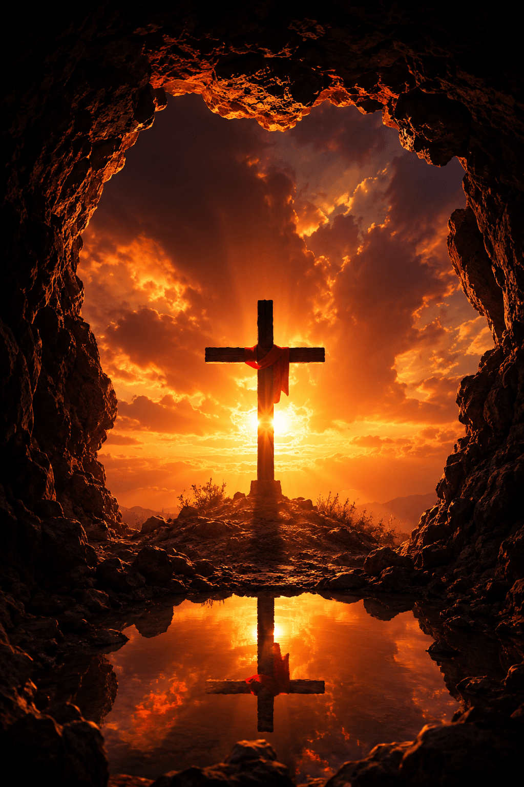 High-resolution 4K image of a wooden Christian cross draped with a red cloth at sunrise, viewed from a rocky cave with a glowing sky and water reflection, perfect for Easter, Christian wallpapers, and devotional artwork.