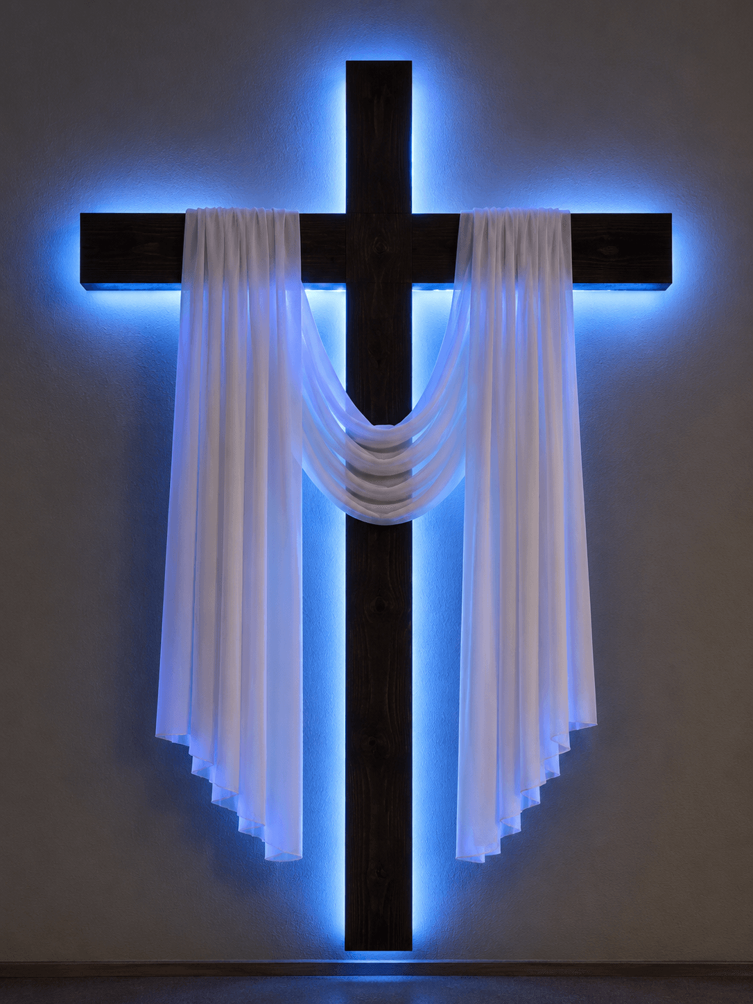High-resolution 4K image of a glowing wooden Christian cross draped with a white cloth, symbolizing the resurrection, ideal for church, Easter, and devotional wallpapers.