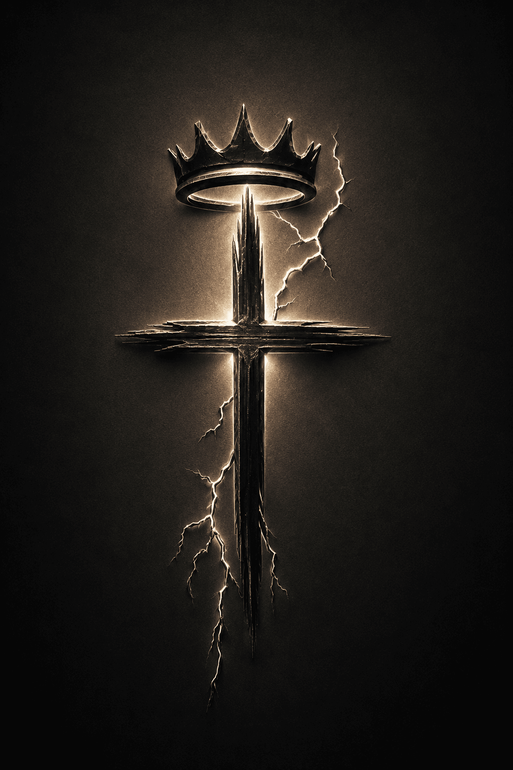 High-resolution 4K artwork of a glowing Christian cross with a royal crown above it on a dark textured background, symbolizing Christ the King, ideal for Christian wallpapers and devotional designs.