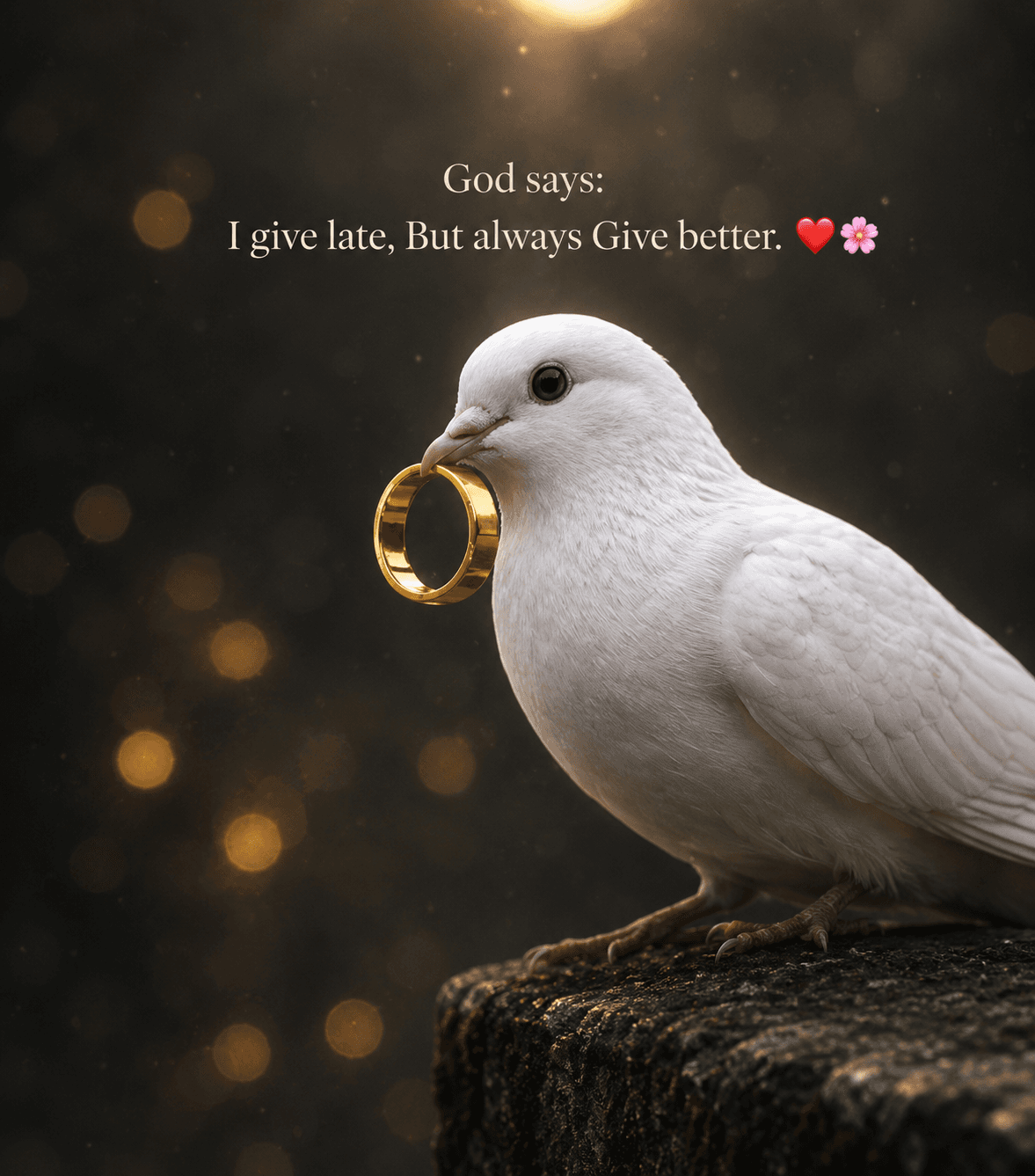 High-resolution artwork of a white dove holding a golden ring against a soft glowing background, symbolizing God's promise, faith, peace, hope, and Christian devotion.