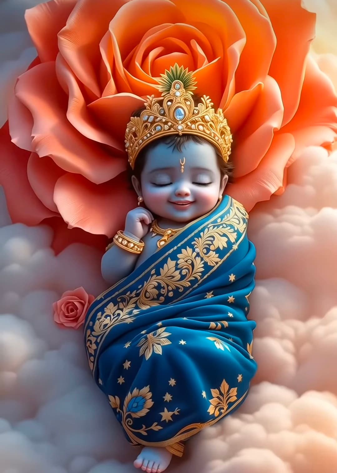Smiling Bal Krishna baby photo with crown and orange cloth.