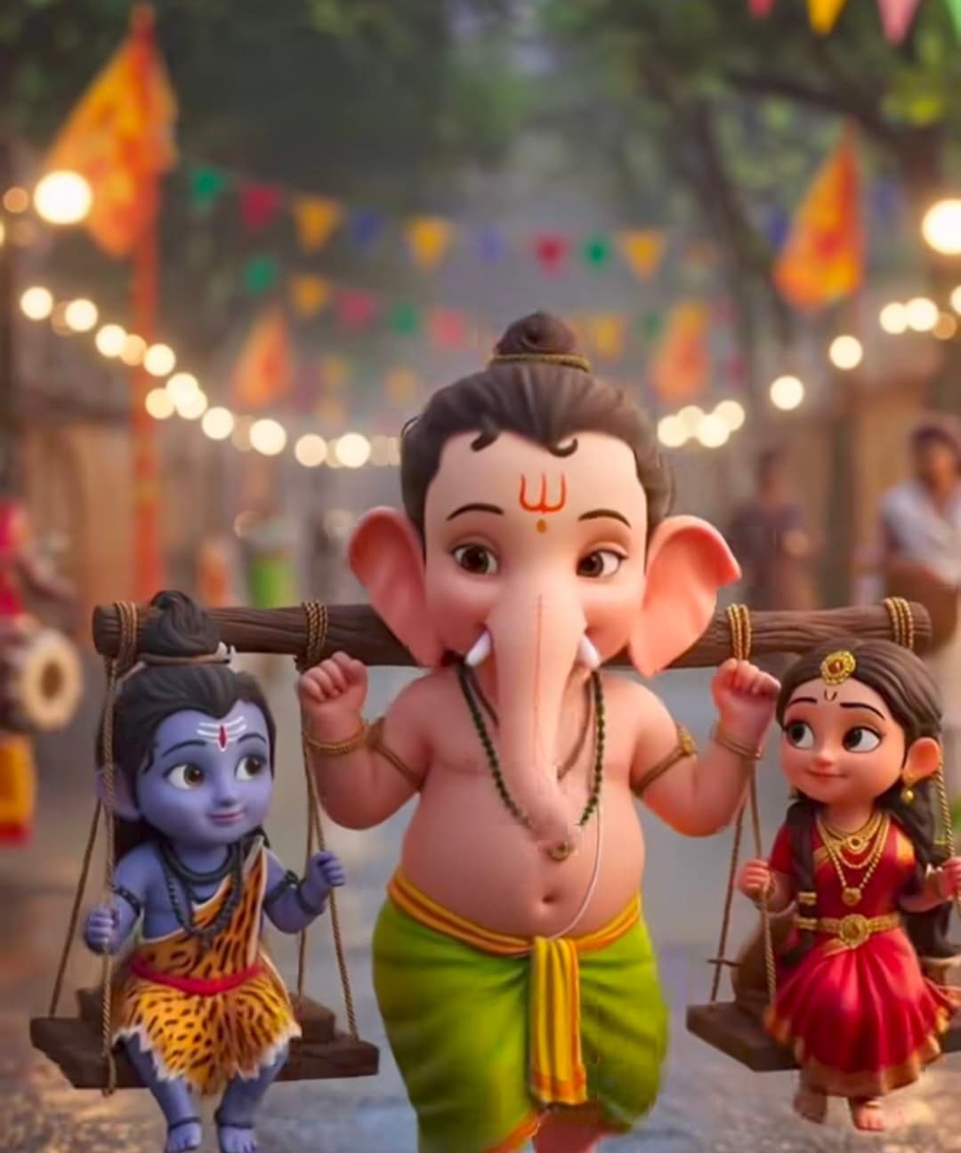 Cute Lord Ganesha carrying little Shiva and Devi on a swing