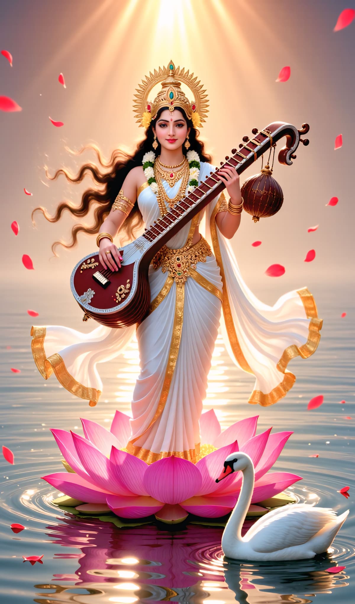 Divine Goddess Saraswati with flowing saree on lotus and veena, HD free image.