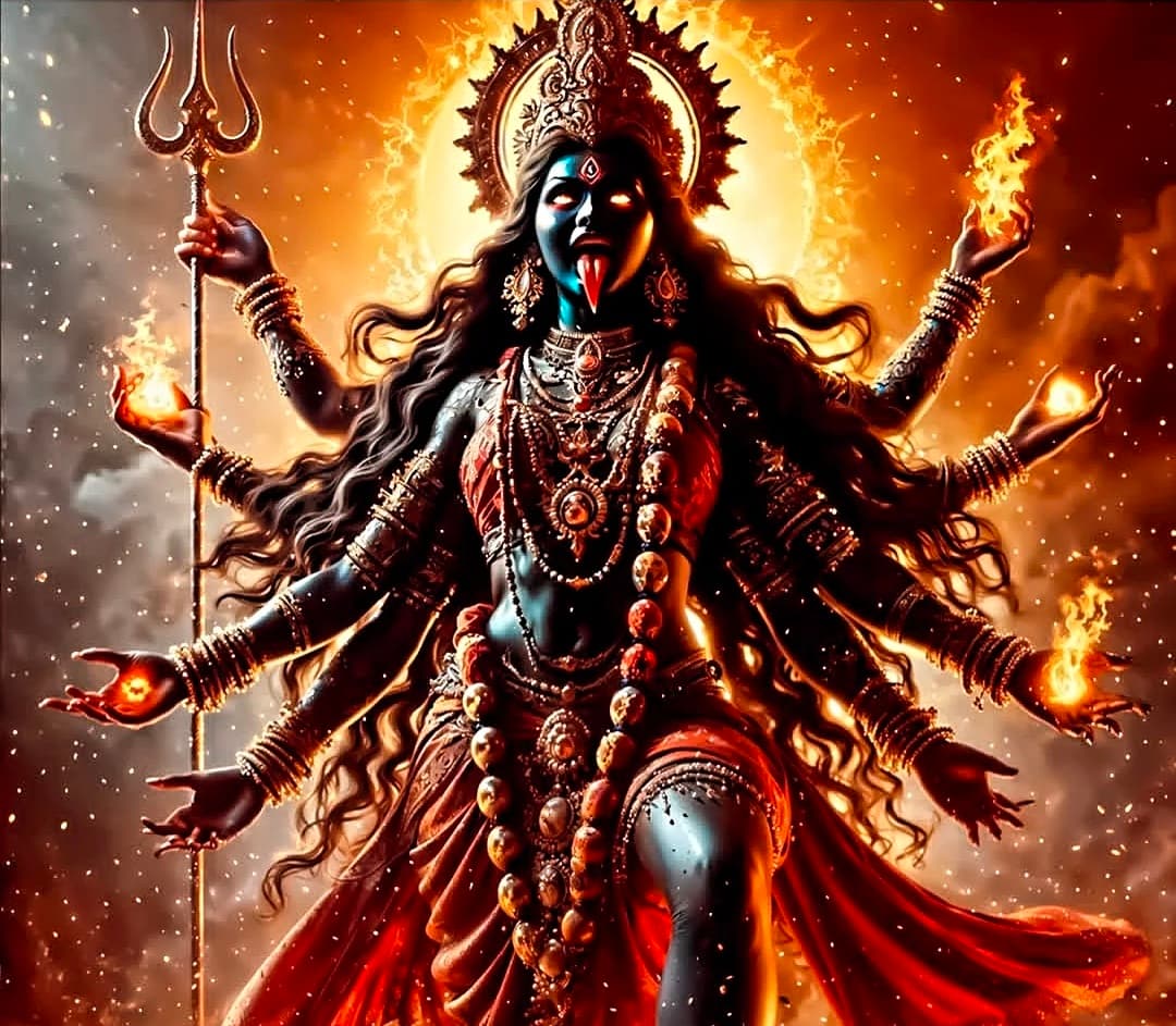 Fierce Goddess Kali with multiple arms holding fire and trident, surrounded by flames.