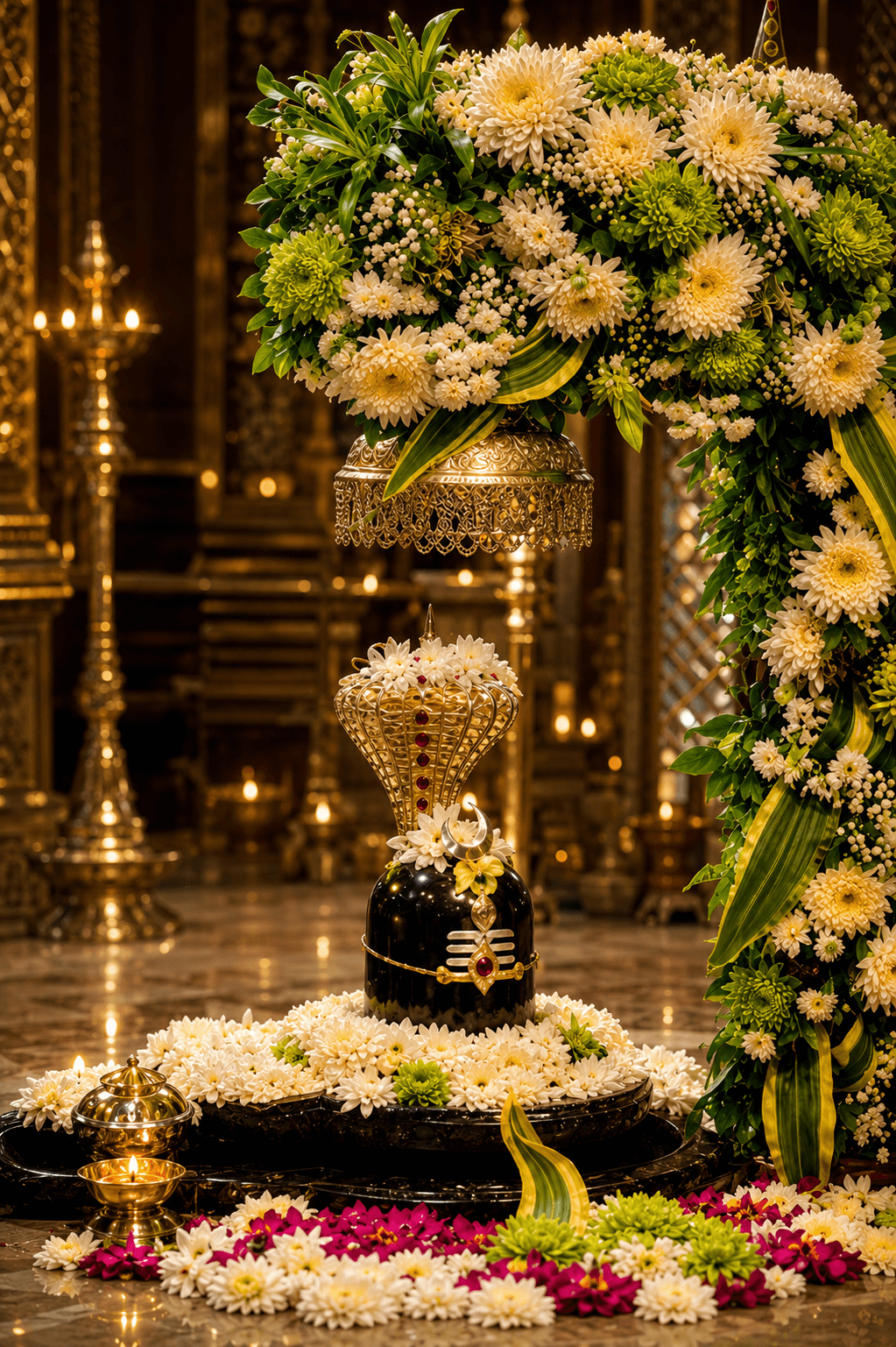 Beautiful 4K Shivling decorated with white flowers and a sacred Nag inside a temple, free HD wallpaper and instant download.