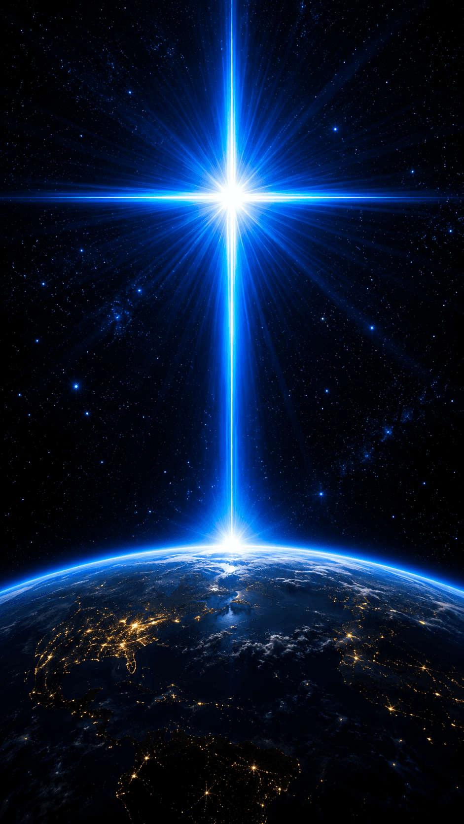 High-resolution 4K image of a radiant Christian cross of light shining above Earth from space against a star-filled sky, ideal for Christian wallpapers, church designs, and devotional artwork.
