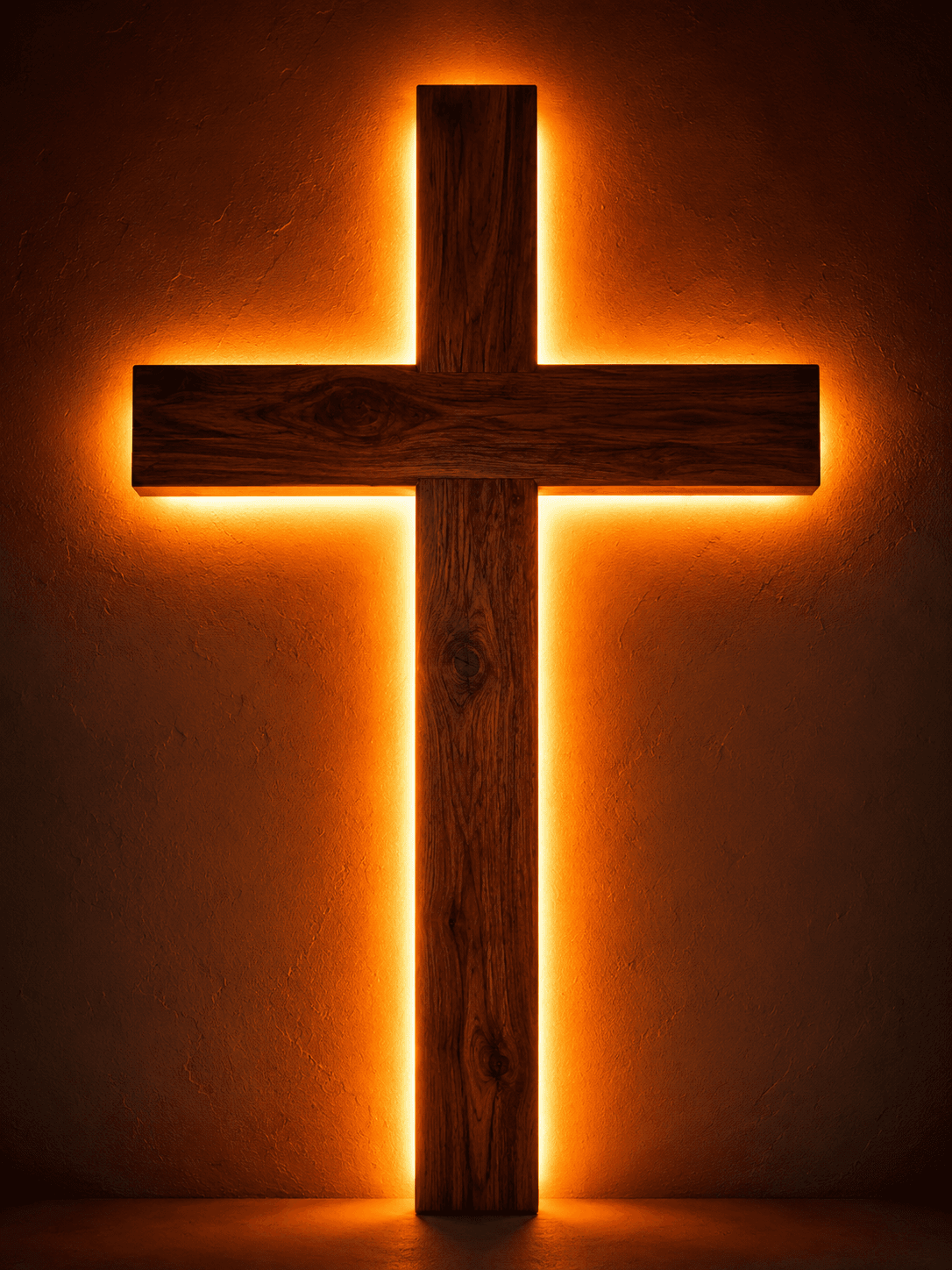 High-resolution 4K image of a glowing wooden Christian cross with warm golden backlighting, ideal for church décor, Christian wallpapers, and devotional artwork.