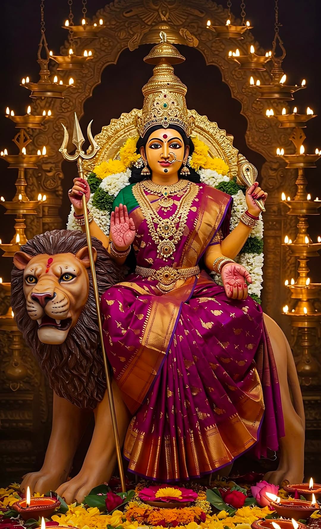 Beautiful image of Goddess Durga in purple saree seated on lion with trident and glowing lamps in background.
