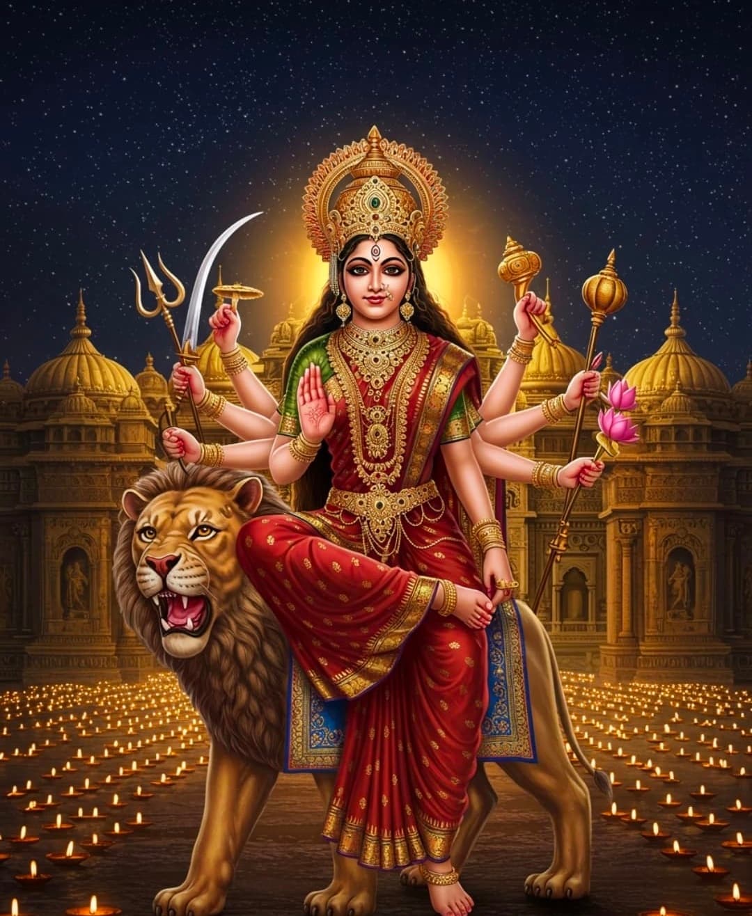 Beautiful image of Goddess Durga in red saree seated on lion with weapons and glowing temple background.