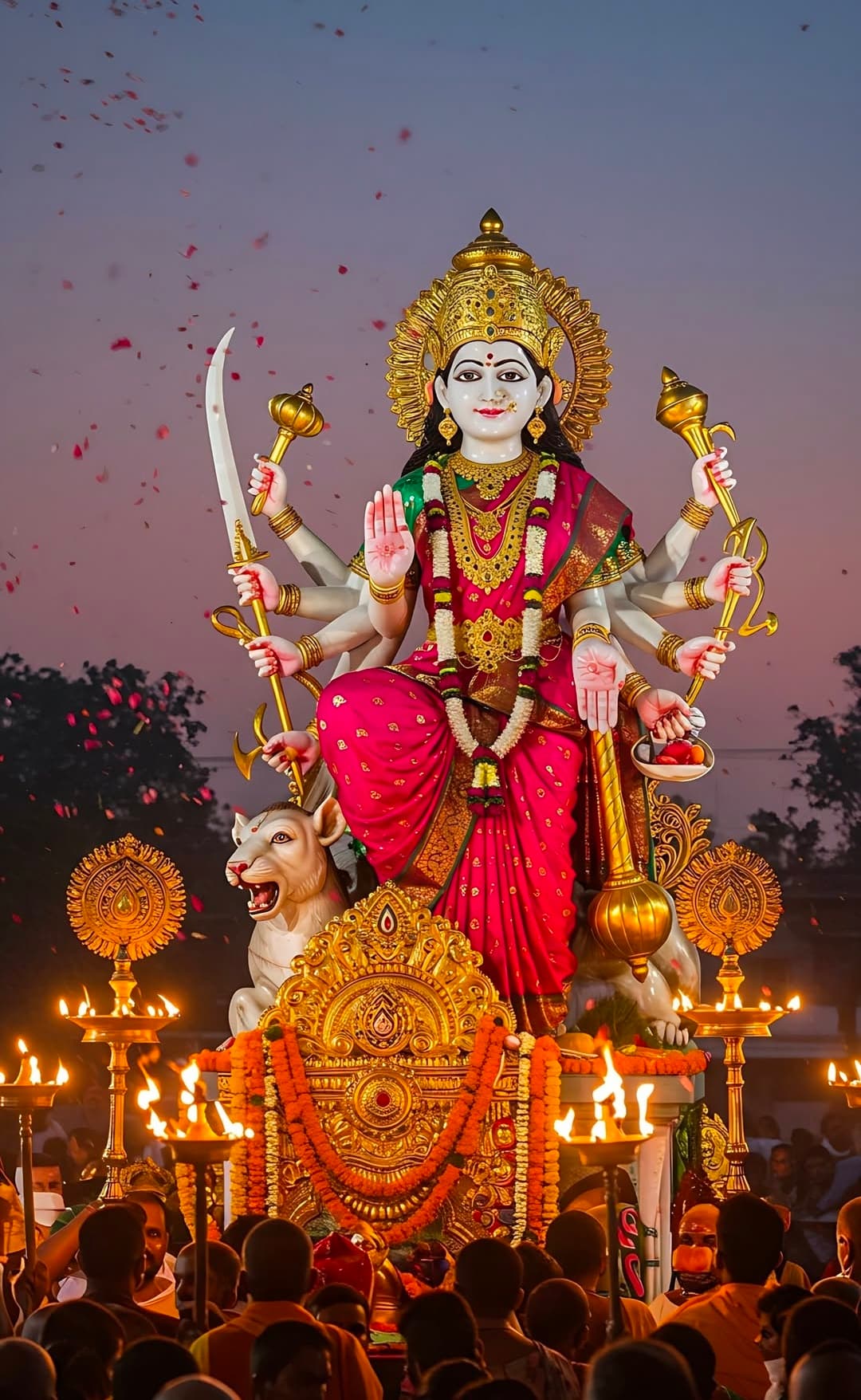 Goddess Durga in red saree with lion, weapons, lamps, and devotees during festival.