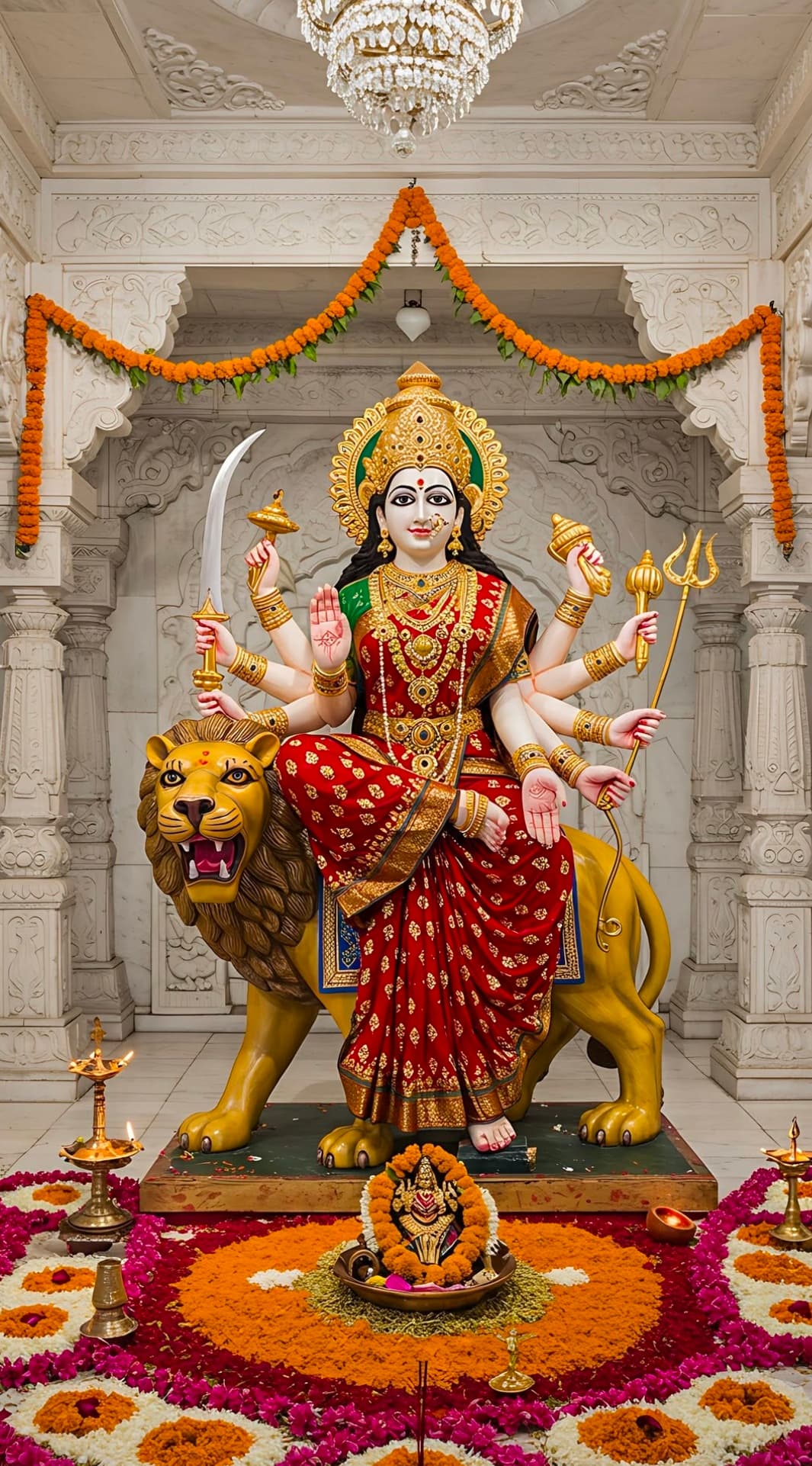 Durga seated on lion in temple with floral rangoli.