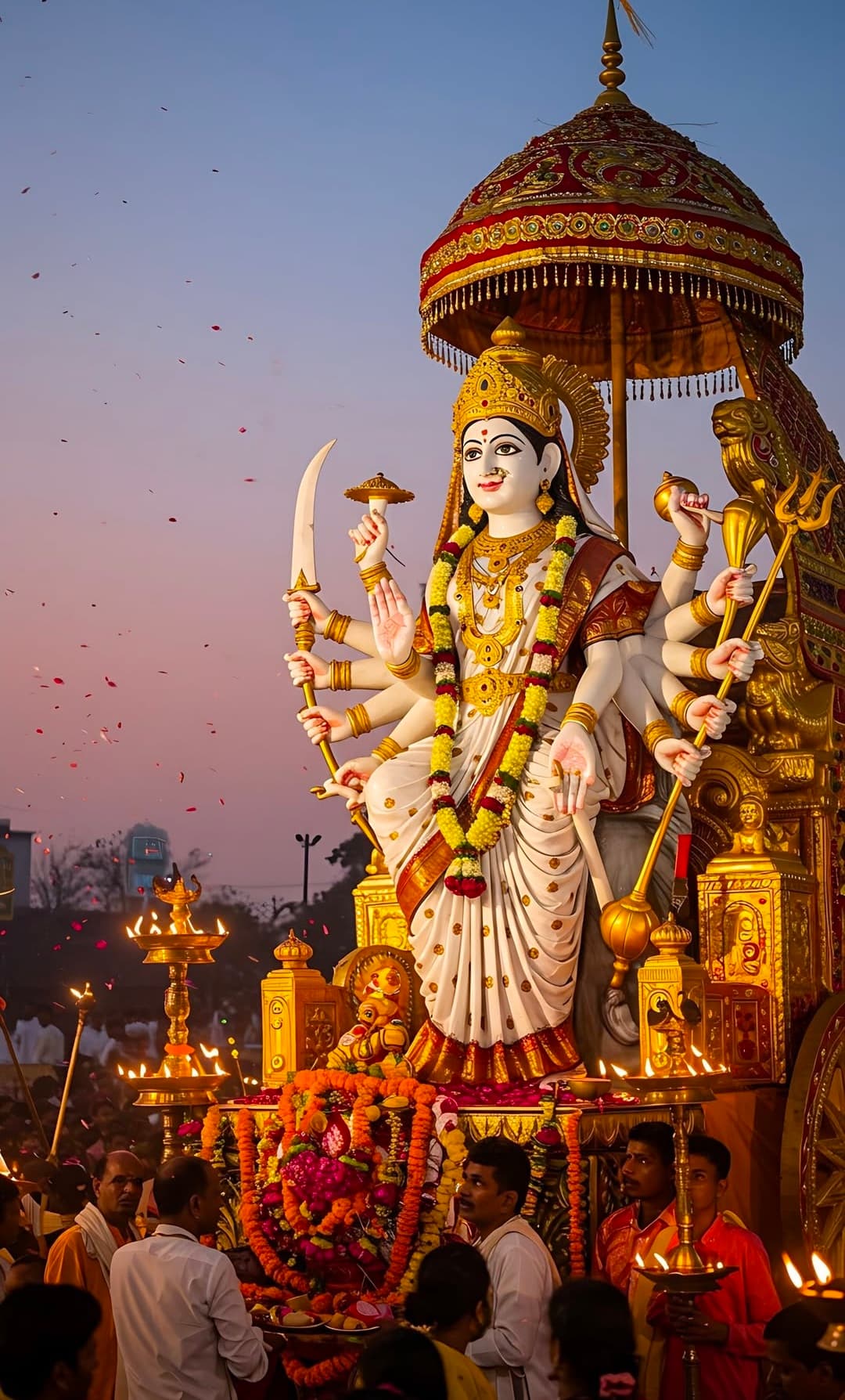 Durga in white saree with weapons, garlands, lamps, and devotees during festival.