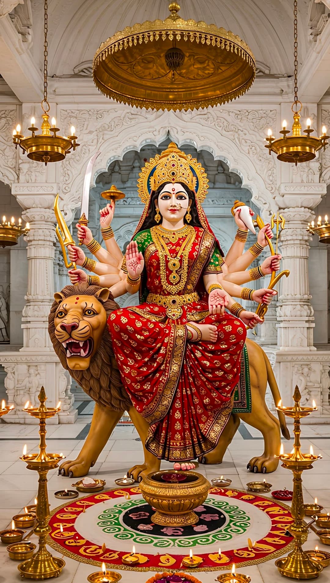Idol of Goddess Durga in red saree seated on lion with weapons and ornaments.