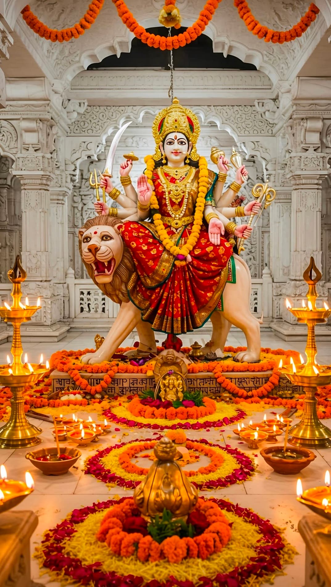 Durga idol seated on lion with lamps, flowers, and temple decorations.