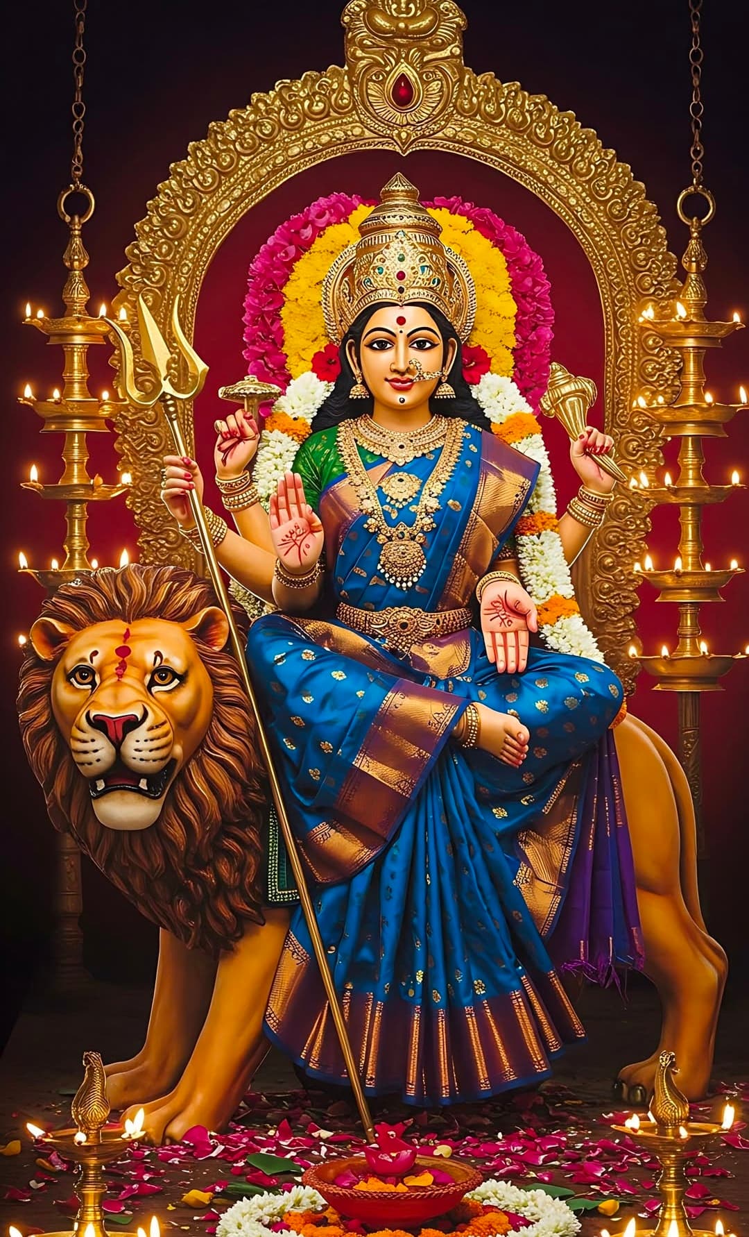Divine image of Goddess Durga in blue saree seated on lion with golden arch and glowing lamps.