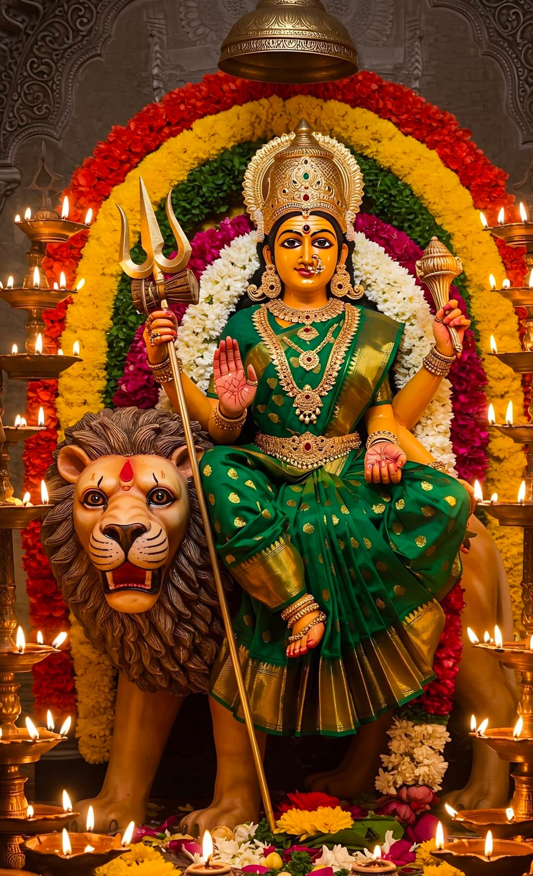Goddess Durga in green saree seated on lion with flower garlands and glowing lamps.
