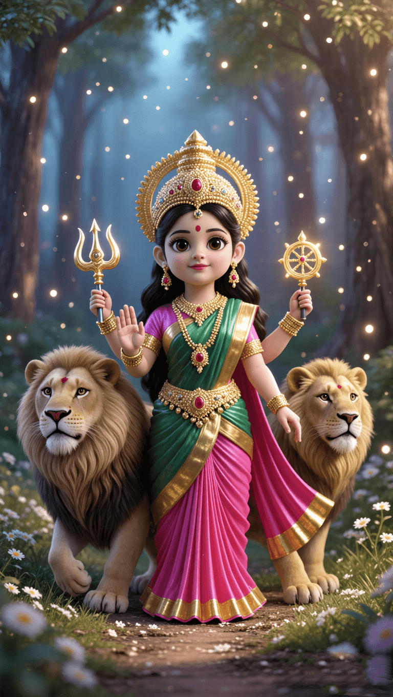 Image of Goddess Durga in pink saree holding trishul and bow surrounded by roses.