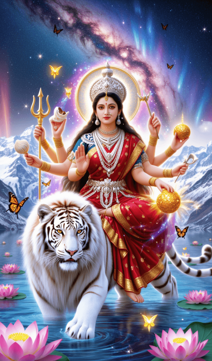 Goddess Durga in red saree riding a white tiger