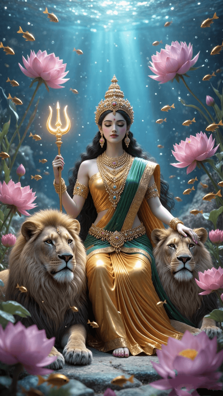 Goddess Durga meditating underwater with two lions and lotus flowers
