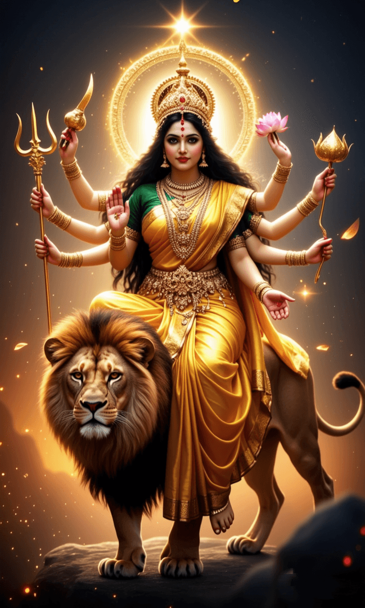 Goddess Durga on lion with golden aura and divine light