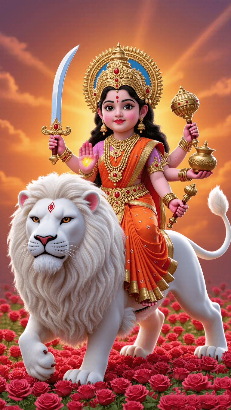 Image of Goddess Durga on lion in orange saree holding sword and mace.