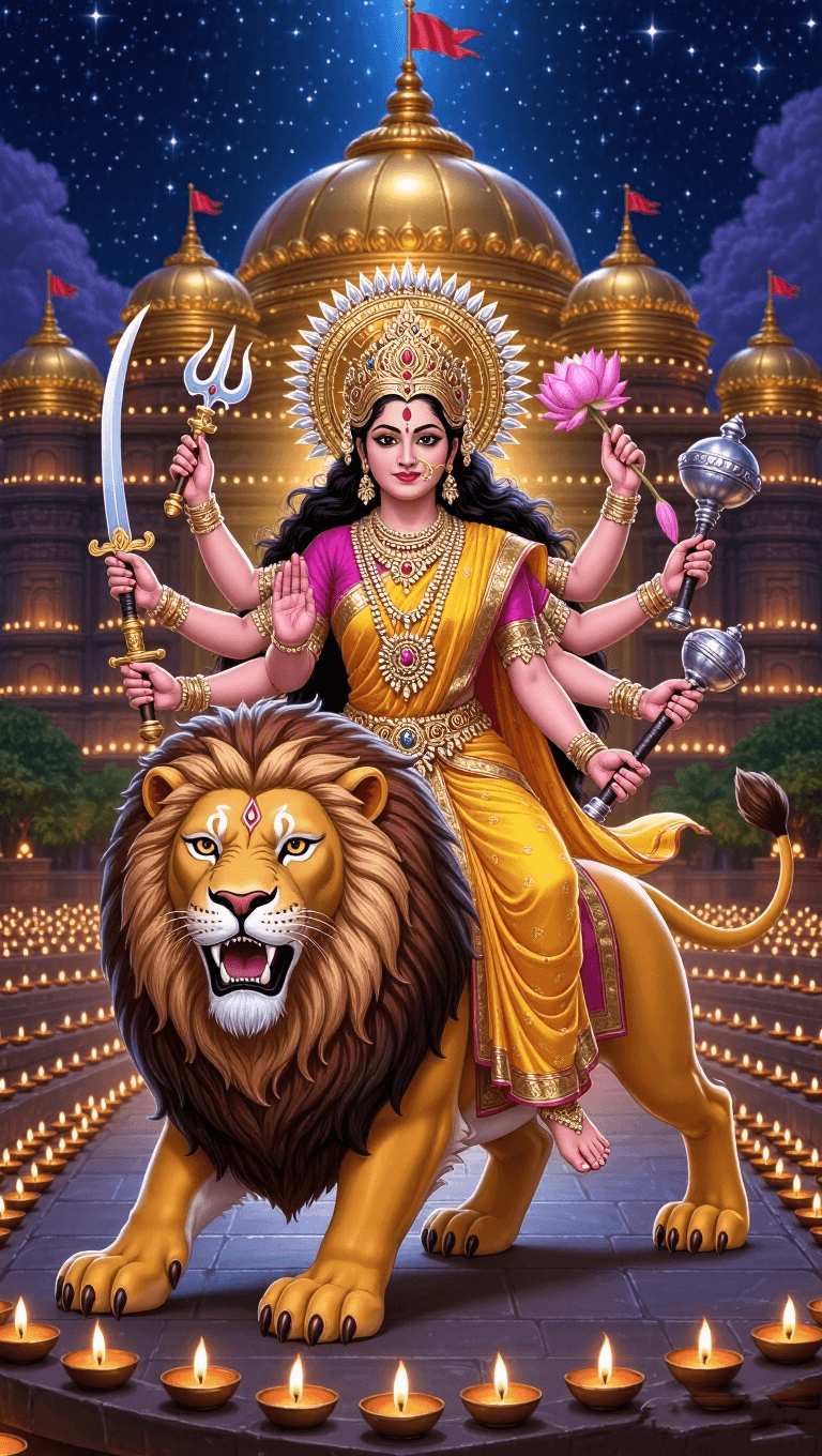 Goddess Durga on lion with radiant golden aura and diyas