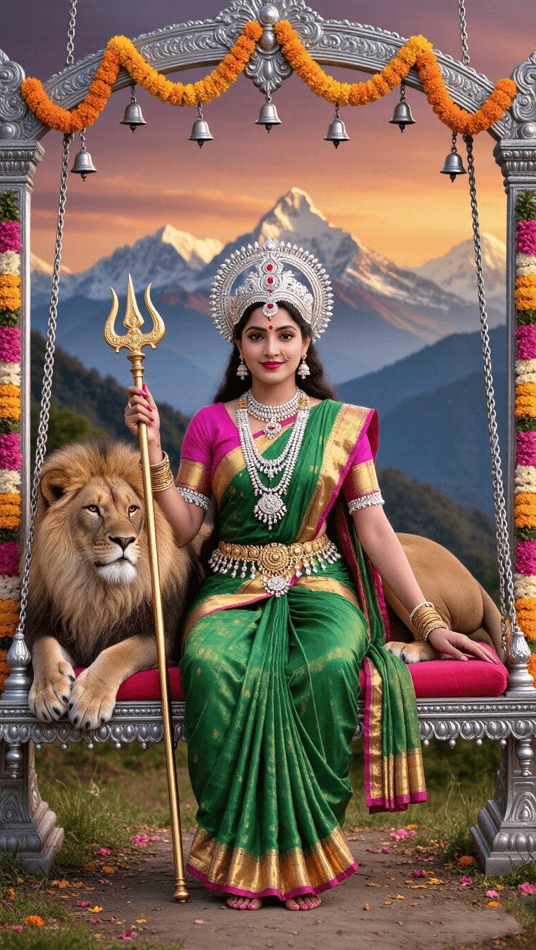 Goddess Durga on swing with lion and Himalayan mountain background