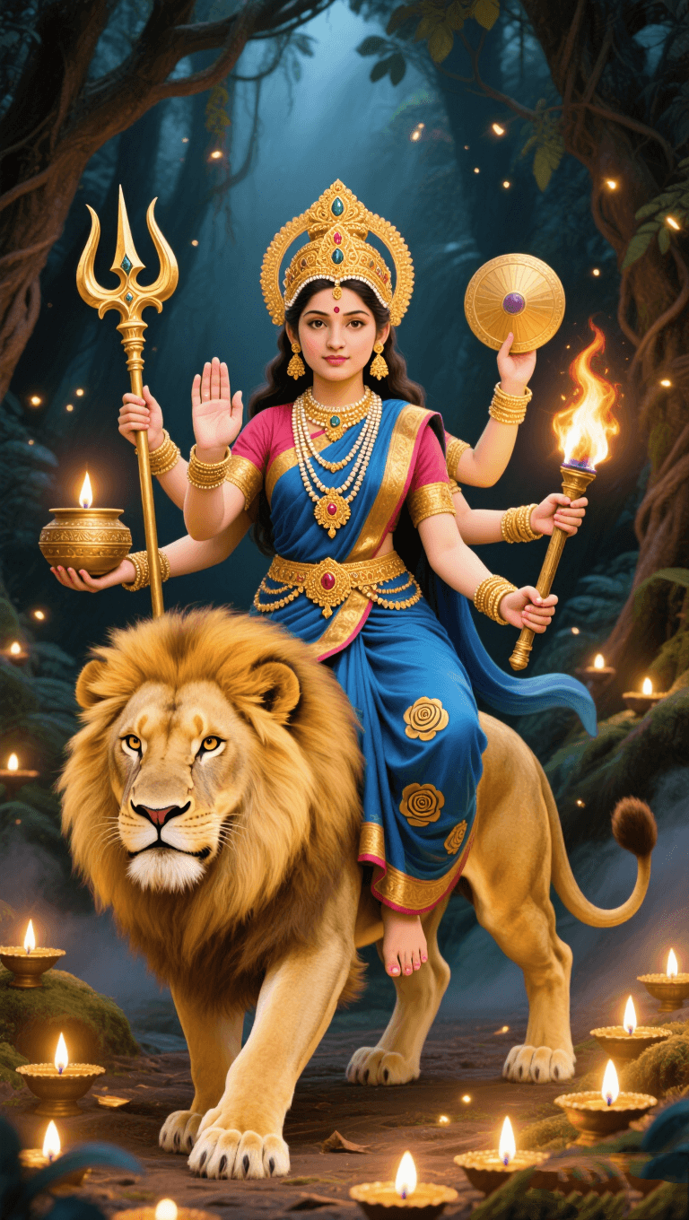 Goddess Durga sitting on a lion holding trident and fire surrounded by diyas