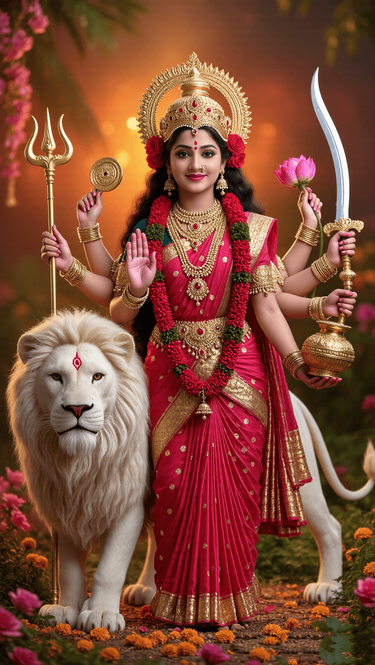 Image of Goddess Durga riding a lion holding trishul and mace in red saree.