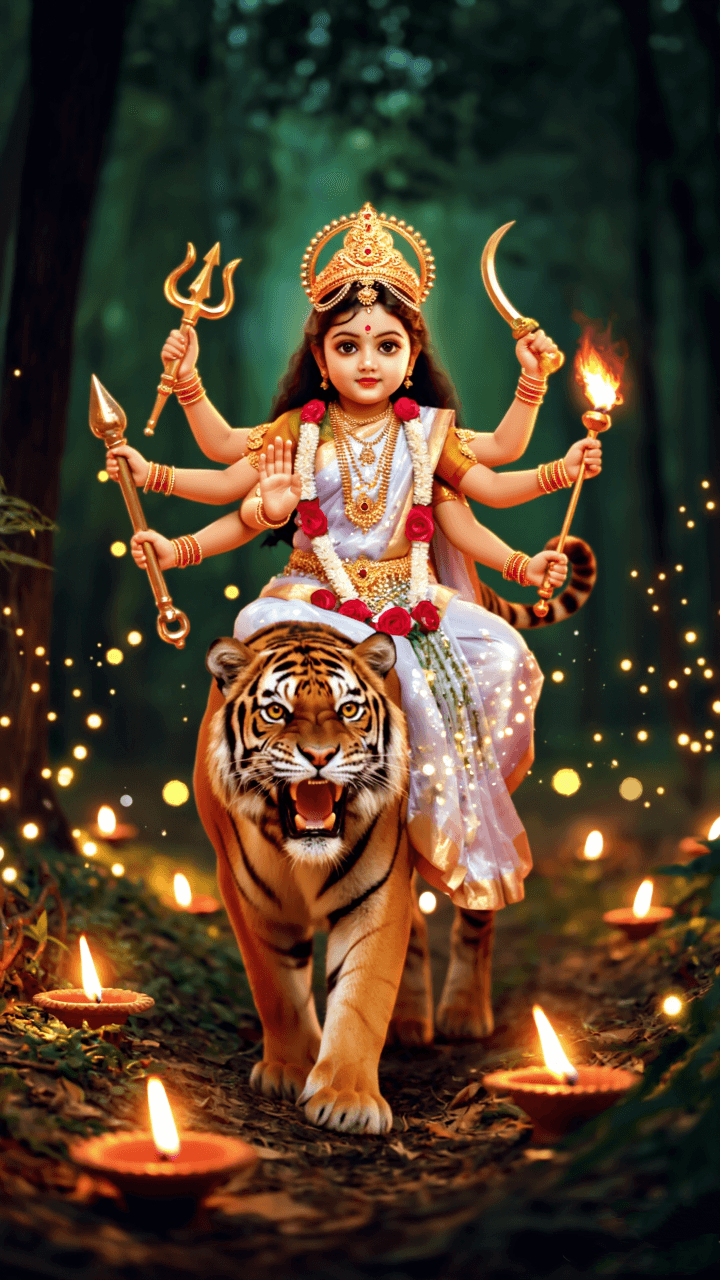 Goddess Durga sitting on a tiger holding trident and weapons surrounded by diyas