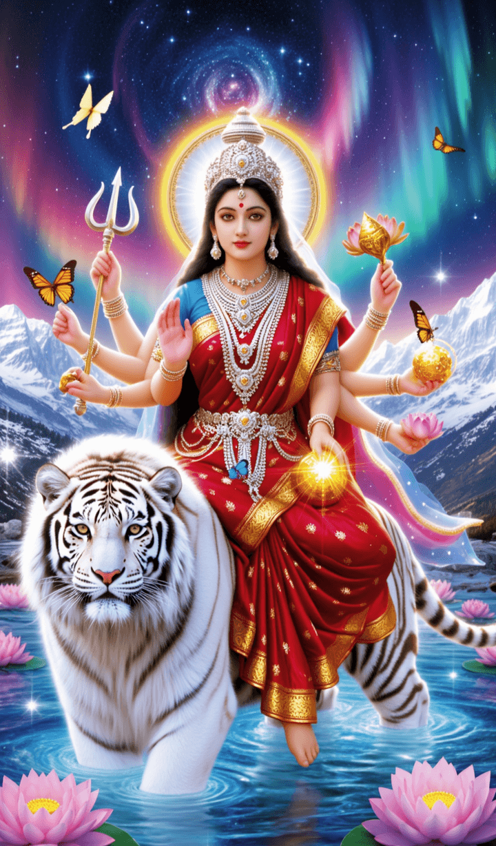 Goddess Durga riding a white tiger under glowing divine sky