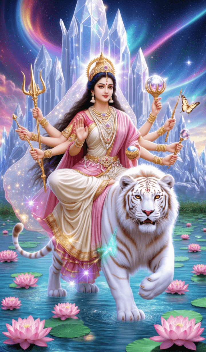 Goddess Durga riding a white tiger over lotus lake