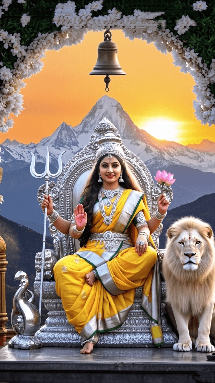 Goddess Durga seated on silver throne with lion and mountain sunset