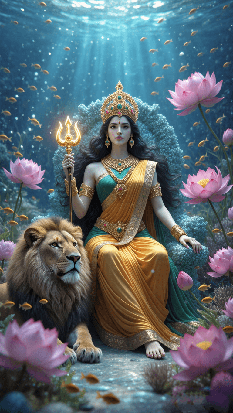 Goddess Durga underwater seated with lion and lotus flowers