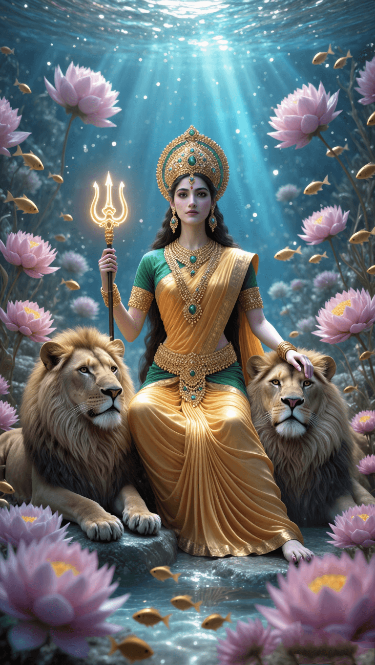 Goddess Durga underwater with two lions and lotus flowers